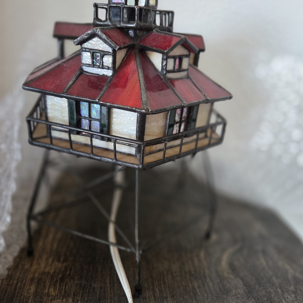 Source Unknown Red and White Stained Glass Lighthouse